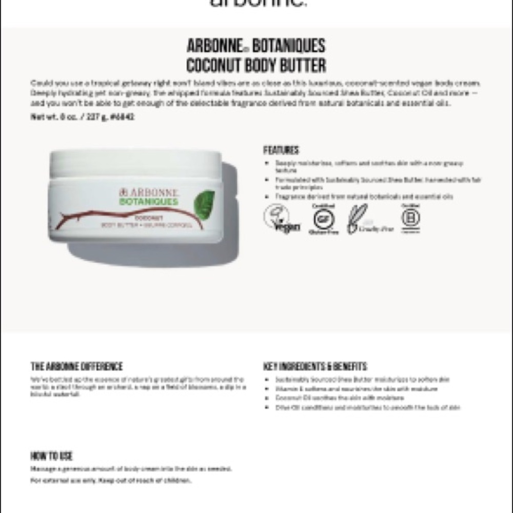 Arbonne Botaniques Coconut Body Butter